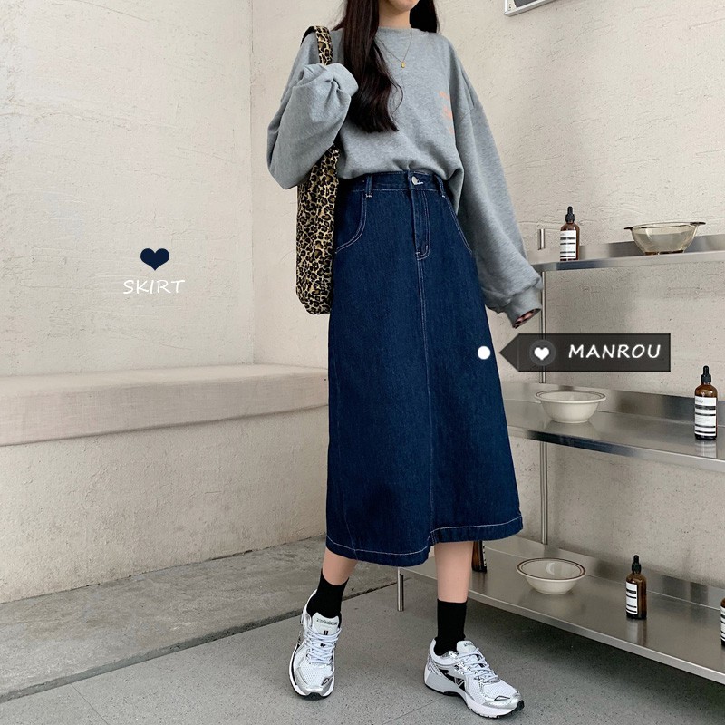 Chân váy bò denim cạp cao dáng dài vintage nhẹ nhàng Hàn Quốc