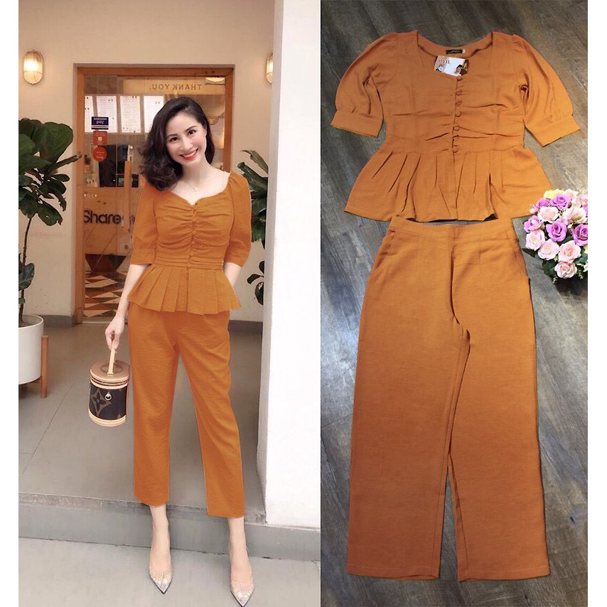 Set Trang Phục FREESHIP Set nguyên bộ áo peplum tà xếp ly phối nút bọc xinh xắn J1031