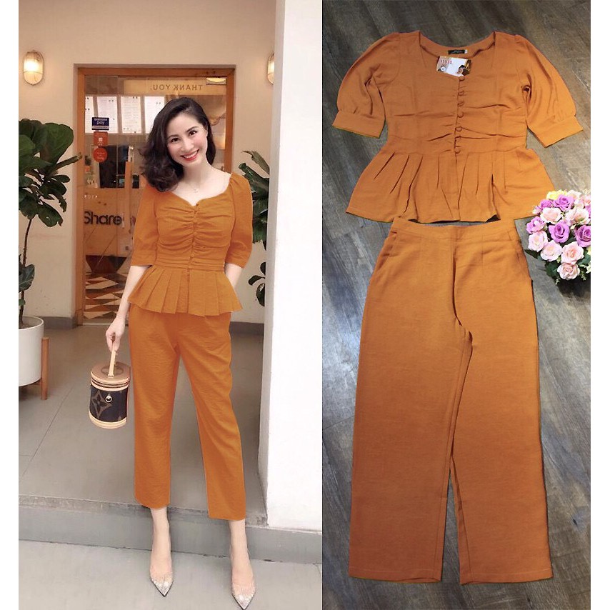 Đồ Bộ Nữ 🎁FREESHIP🎁 Set nguyên bộ áo peplum tà xếp ly phối nút bọc xinh xắn TJ1031