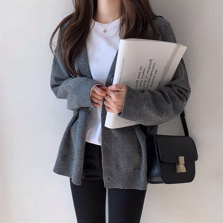 Áo cardigan len nữ dày dài áo khoác màu đen nâu kaki xám ulzzang vintage Hàn Quốc mùa đông 2021 AC8 | WebRaoVat - webraovat.net.vn