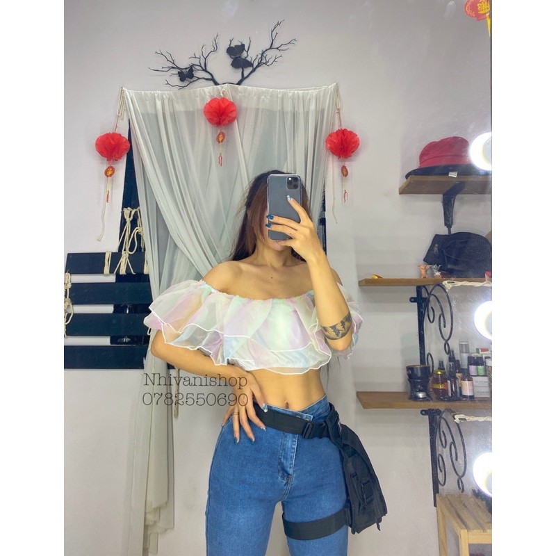áo trễ vai cầu vồng , áo bẹt vai croptop