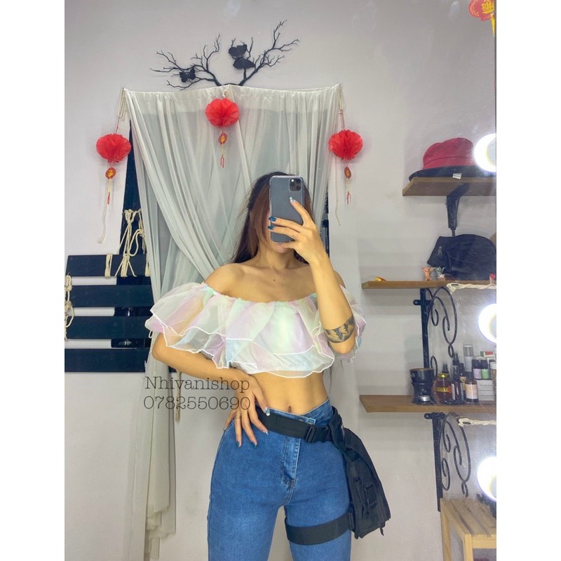 áo trễ vai voan croptop cầu vồng