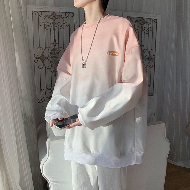Áo thun tay dài cổ tròn dáng rộng bằng cotton màu sắc độc đáo thời trang xuân thu cho nam