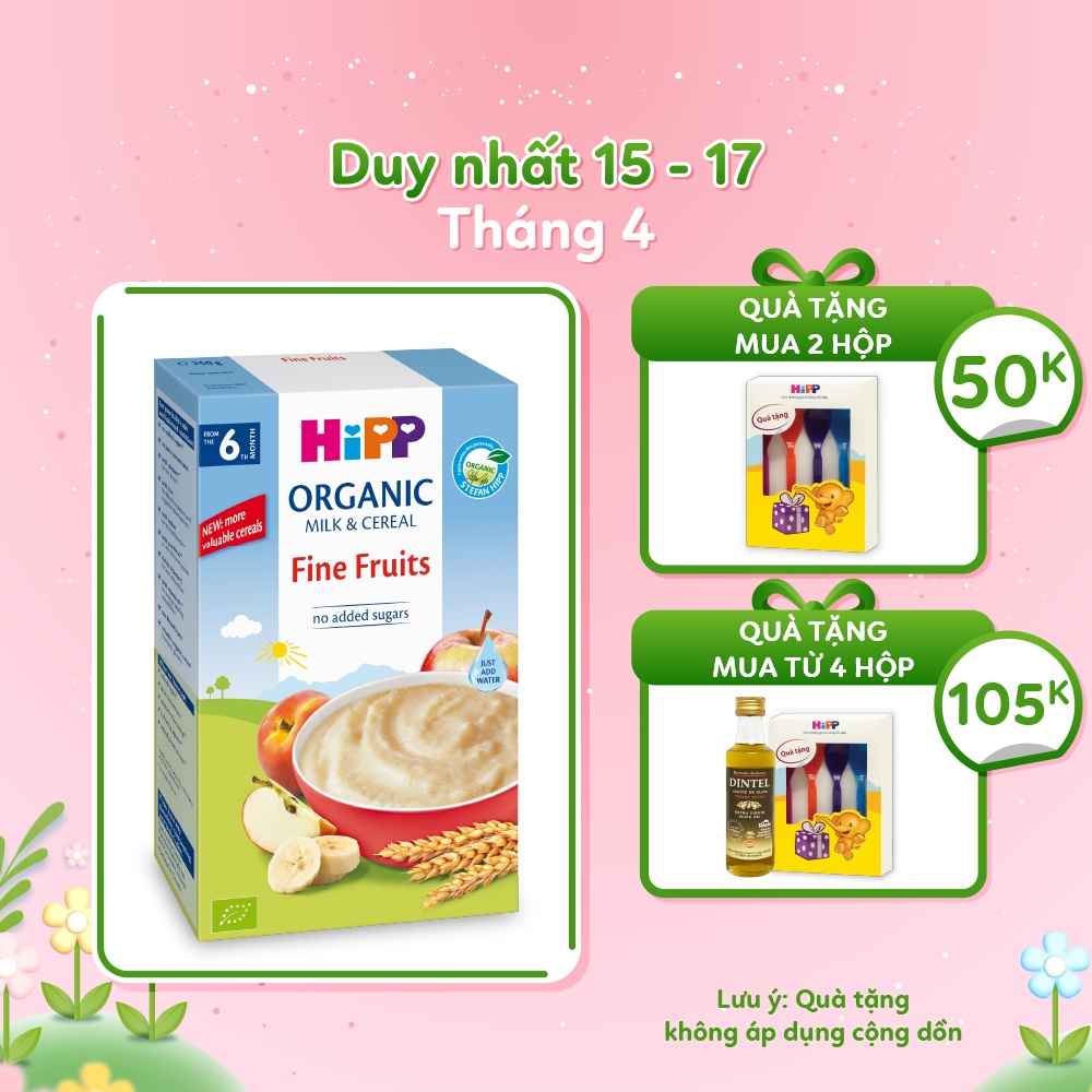 Bột ăn dặm dinh dưỡng Sữa, Hoa quả tổng hợp - Táo, Chuối, Lê, Đào HiPP Organic 250g