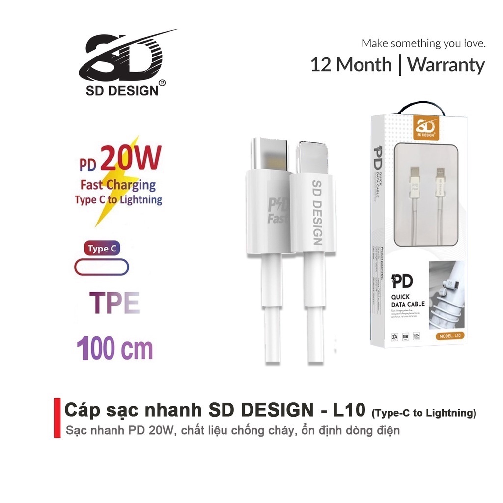 Cáp sạc nhanh 20w chính hãng SD Design L10, USB C  sạc ổn định cho điện thoại i..p 6 đến 13 pro max