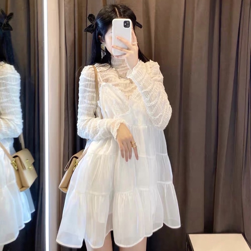 Set Áo Tay Dài Cổ Trụ Và Yếm Dây Trắng Viền Ren Tầng Tiểu Thư Xinh Xắn