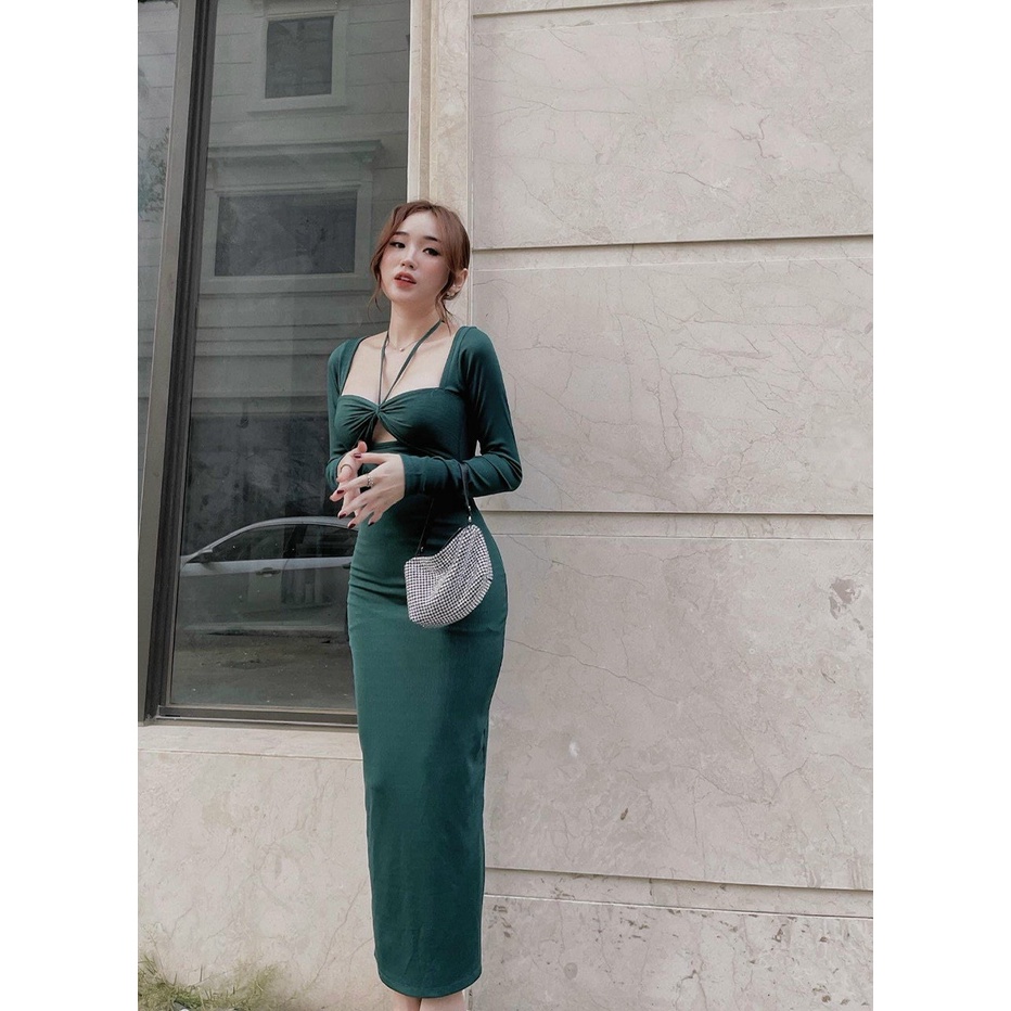 [10.10 Sale Freeship] Đầm body ôm dáng cổ yếm dây rút ngực cực tôn dáng đi dạo phố dự tiệc sang chảnh sexy