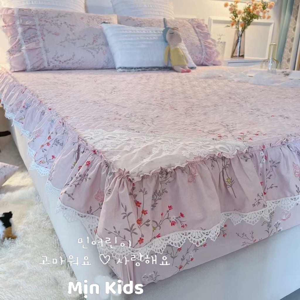 Set ga gối chần bông bo chun, ga gối MỊN KIDS, hoạ tiết hoa nhí Hàn Quốc