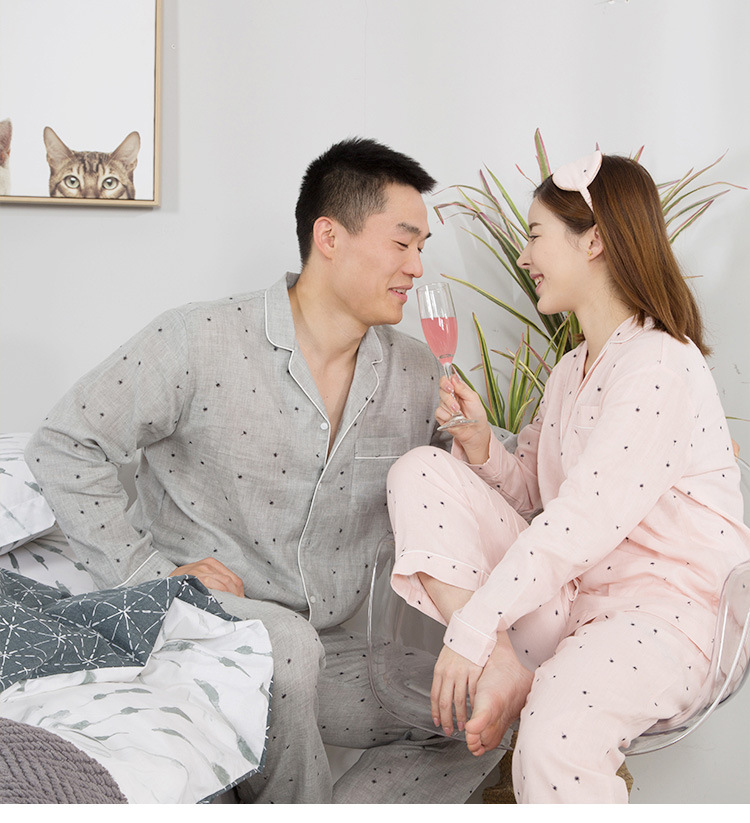 【Orient Star】New Spring and Summer Couple's Cotton Double-Layer Yarn Long-Sleeved Homewear Suit Breathable Men's and Women's Pajamas