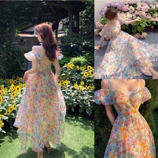 Sẵn_Váy maxi hoa QCCC tay bồng hở lưng chất liệu voan tơ cao cấp bồng bềnh