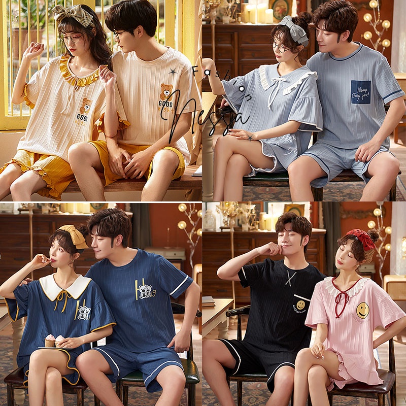 Bộ Đồ Ngủ Quần Áo Cặp Đôi Mặc Ở Nhà Vải Cotton Bộ Đồ Đôi Cộc Tay Đùi Mùa Hè Đi Chơi