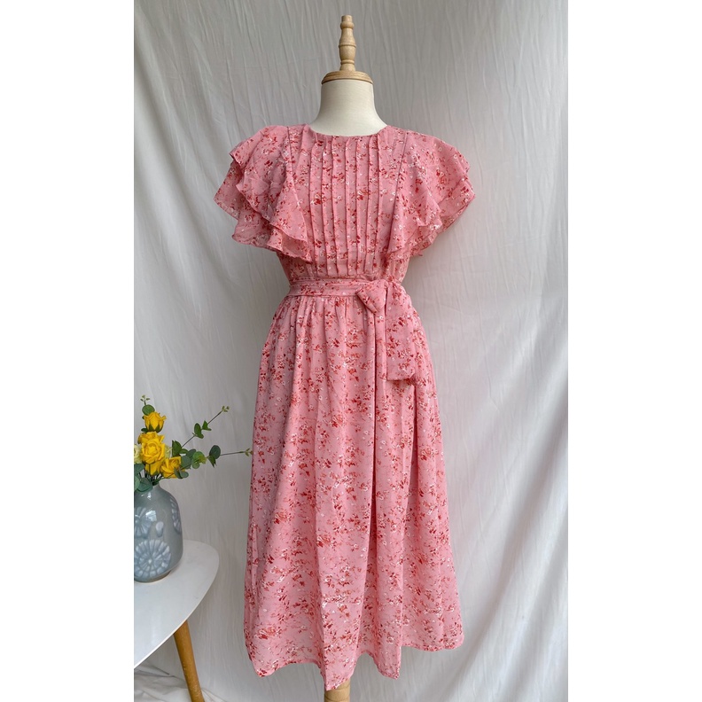 Đầm hoa nhí cánh tiên màu hồng hot siêu xinh ( 👗 LUNA 👗 ) - Váy tay cánh tiên kèm dây eo đi làm,cà phê điều được nè