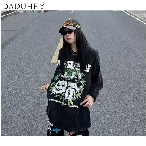 DaDuHey American Retro Worn Looking Washed-out Printed Long-Sleeved T-shirt Men's and Women's Ins Fashion Brand Couple Wear Street Fun Top