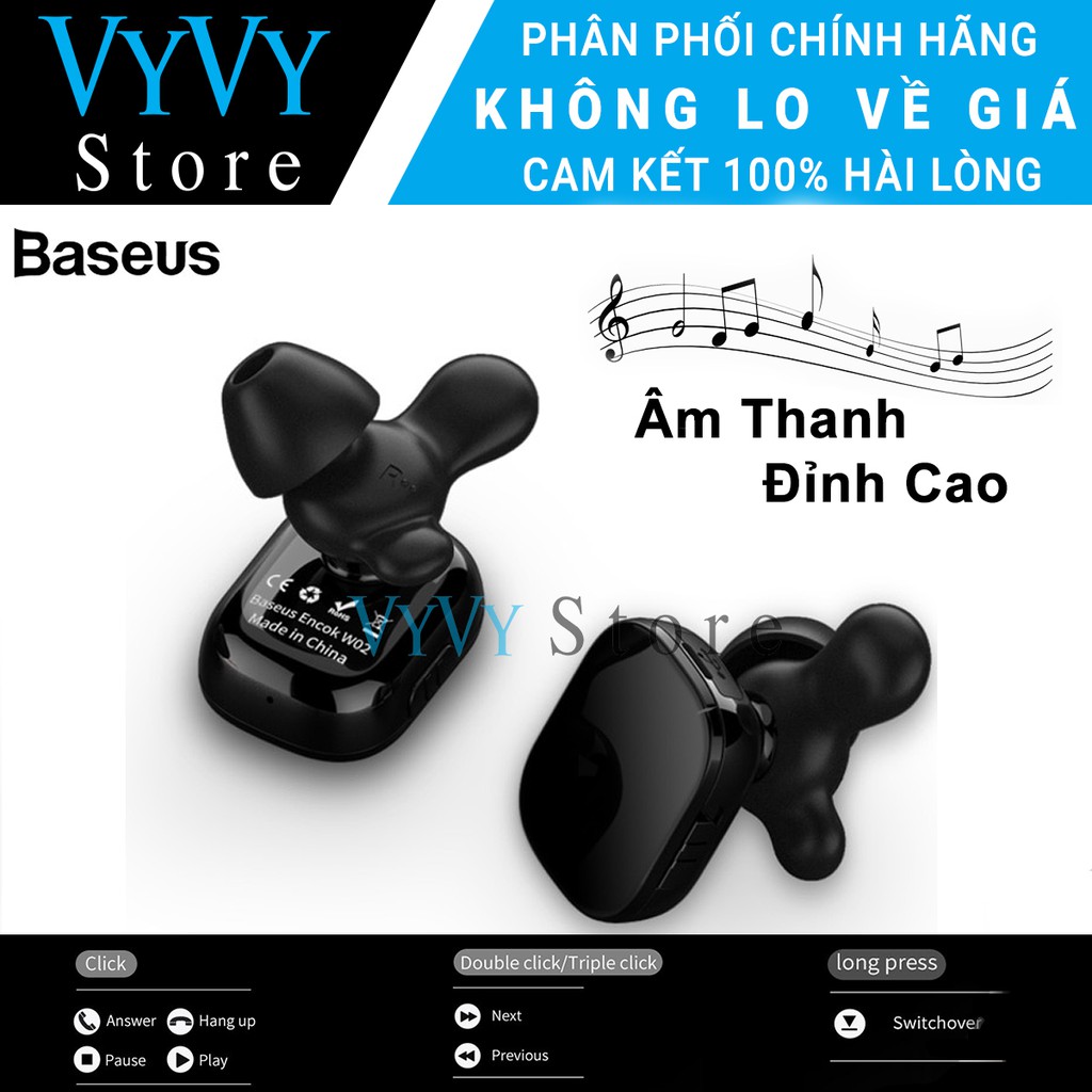 Tai nghe Bluetooth cảm ứng chạm Baseus Encock W02 Touch Earphone - Kết nối cùng lúc 2 thiết bị, âm thanh 4D Stereo)