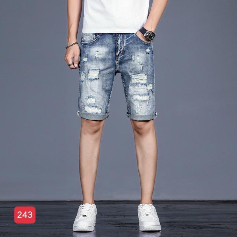 Quần short jean nam, quần bò ngắn, quần sọt màu xanh rách gối đẹp cao cấp 2021 QJNA025 ་