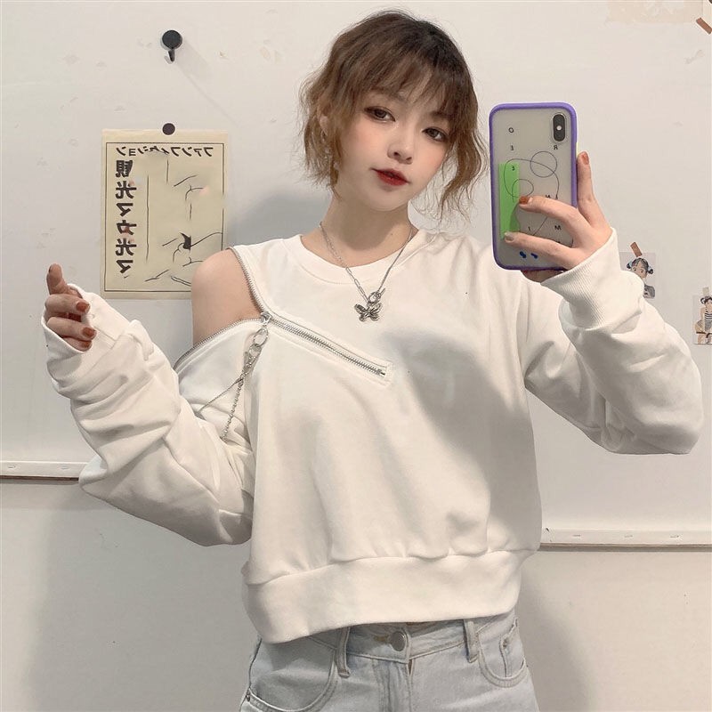Áo Sweater Trễ Vai Cổ Tròn Tay Dài Dáng Rộng Màu Đen Phong Cách Hàn Quốc Thời Trang Xuân Thu Cho Nữ 2021