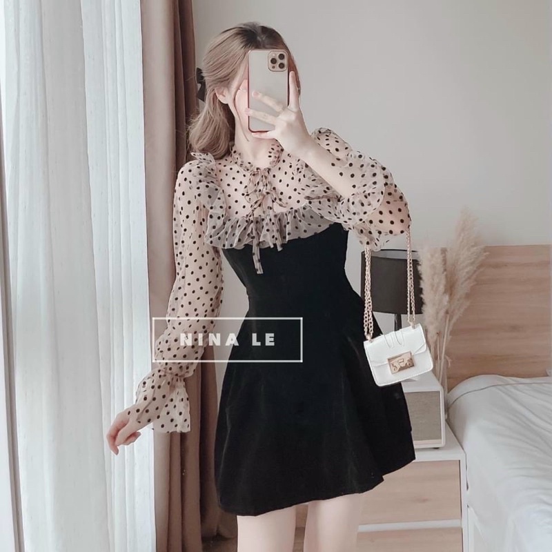 Đầm nữ umi nơ cổ sang chảnh dáng xoè phối lưới bi umi