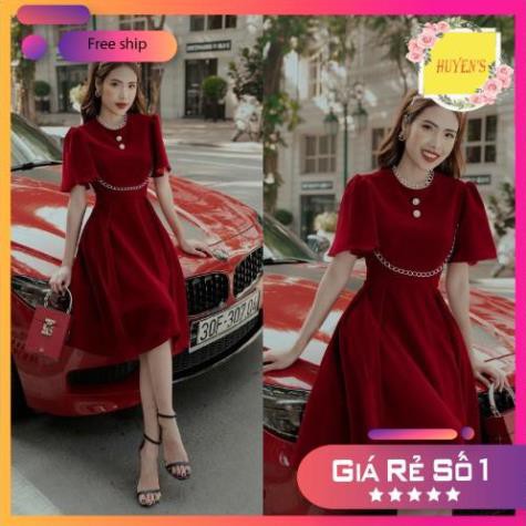 Váy Nhung Đỏ Đô Dáng Xòe Tay Bồng Phối Ren - Chất Liệu Nhung Cứng Mịn Lên Chuẩn Form - Cam Kết Giống Hình - Đủ Size