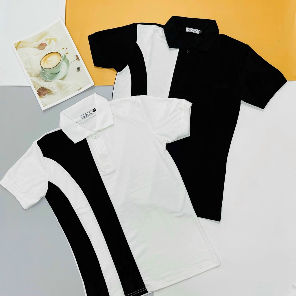 Áo thun cotton nam cổ trụ, tay ngắn phối sọc dọc 2 màu đen trắng trẻ trung, lịch lãm hot