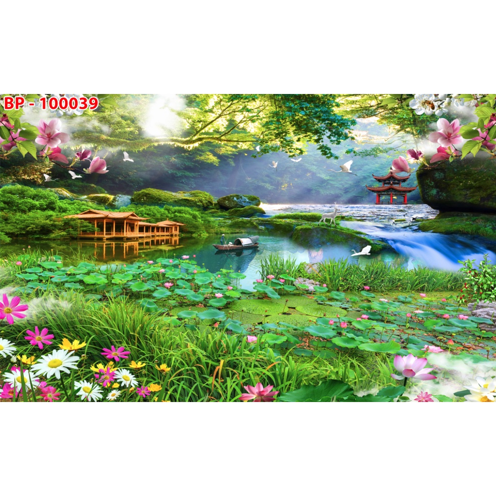 Tranh phong cảnh thiết kế đẹp theo xu hướng chủ đề ao sen với nhiều mẫu đa dạng, không giới hạn kích thước in