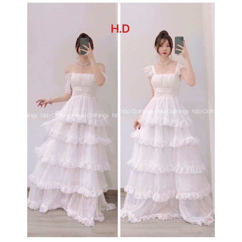 Váy 2 dây cánh tiên xoè dài qua gối bèo nhiều tầng kèm anh thật Hđ