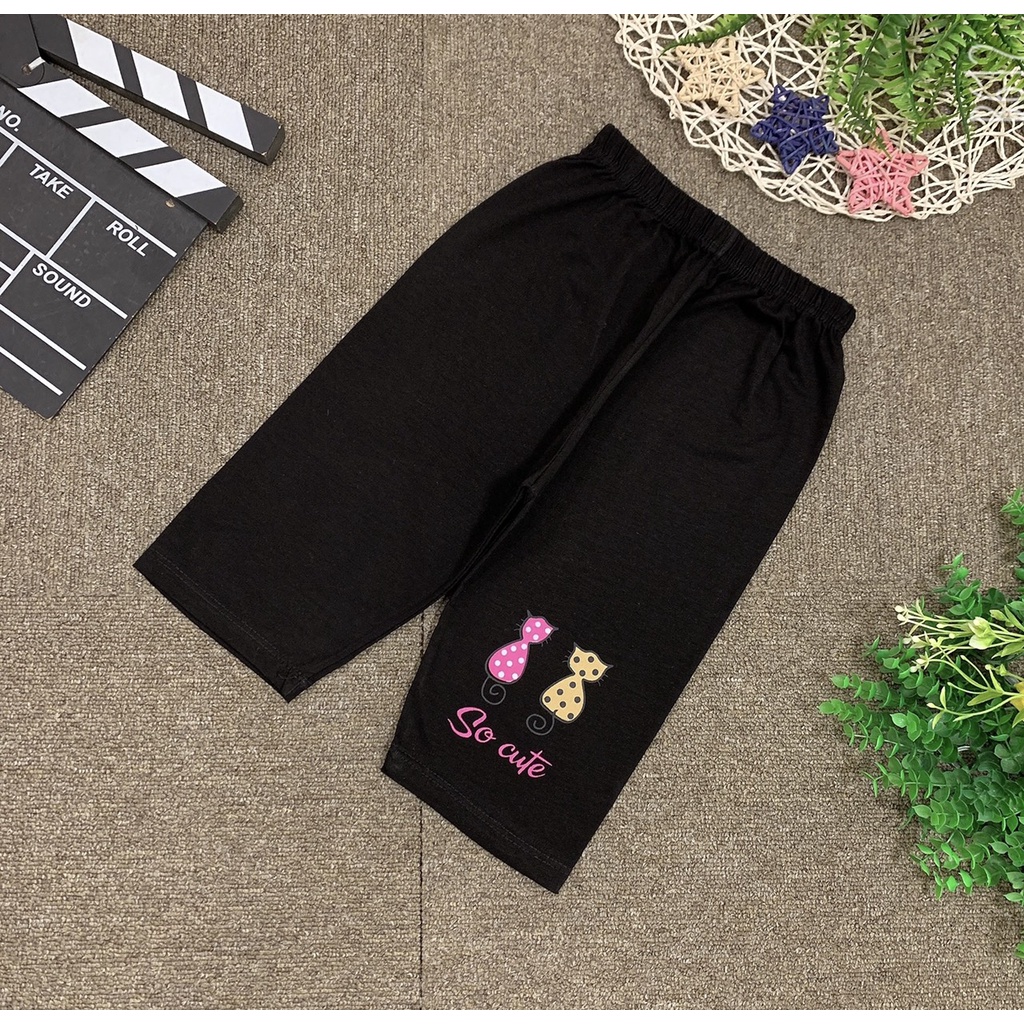 Quần legging bé gái 4-10 tuổi lửng in mèo và chữ, Quần cotton cho bé co giãn tốt thấm hút mồ hôi