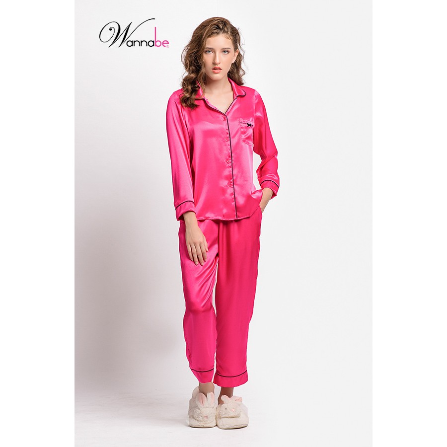 Đồ bộ mặc nhà nữ WANNABE BD35P đồ bộ quần dài áo tay ngắn pijama cổ điển viền gân sang chảnh sống mãi với thời gian