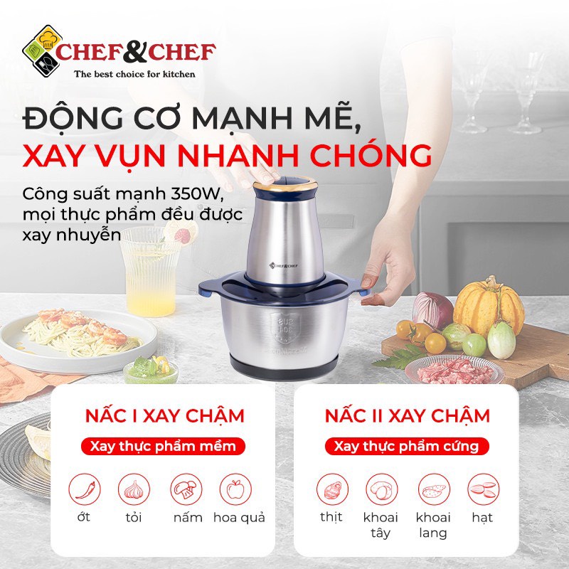Máy xay thịt đa năng CHEF&amp;CHEF dung tích 2L dao xay 4 lưỡi tiện lợi.