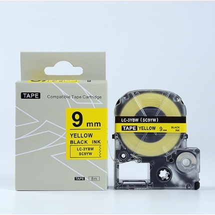 Băng Nhãn SC9YW / LC-3YBW - 9MM Dùng Cho Máy Tepra - Epson, Chữ Đen Nền Vàng, Khổ 9mm x 8m