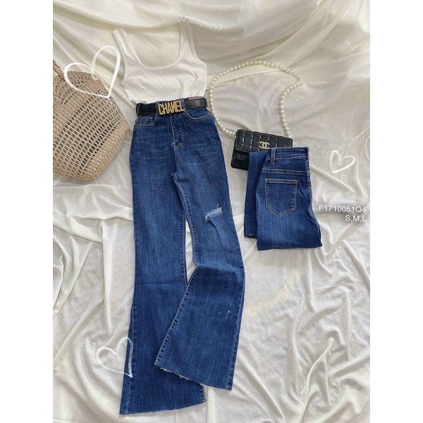 Quần jeans dài ống loe mài rách