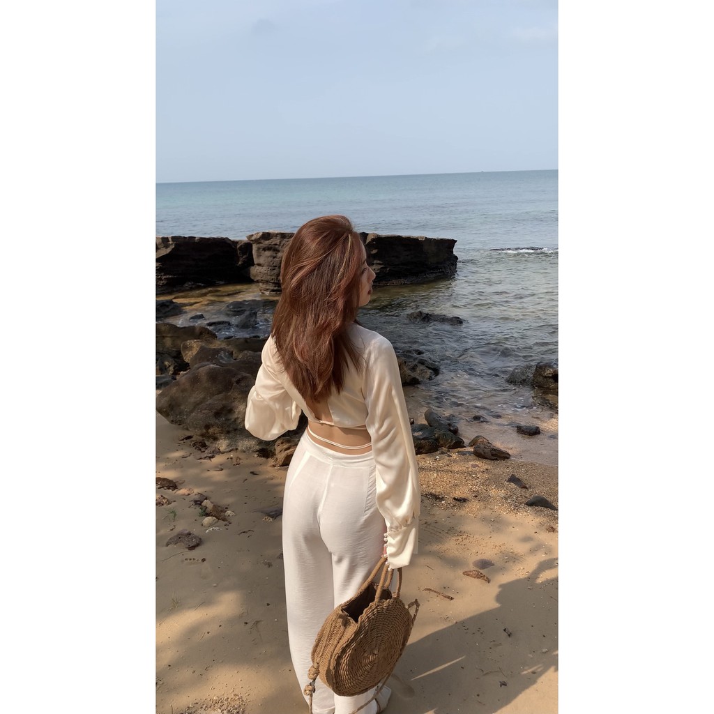 Áo lụa trắng kem tay phồng hạt châu đan dây Swandown thanh lịch, quyến rũ | BigBuy360 - bigbuy360.vn