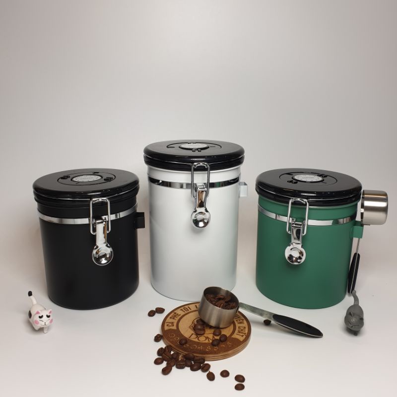 Hộp đựng cà phê chuyên dụng có theo dõi ngày lưu và van xả CO2 kèm muỗng định lượng