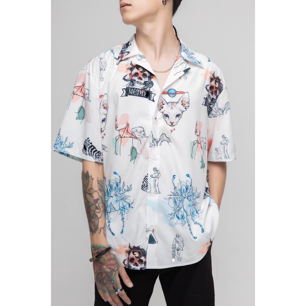 Áo Sơmi họa tiết Mèo Crayon Fulltag MENDEN sơ mi nam nữ chất lụa | BigBuy360 - bigbuy360.vn