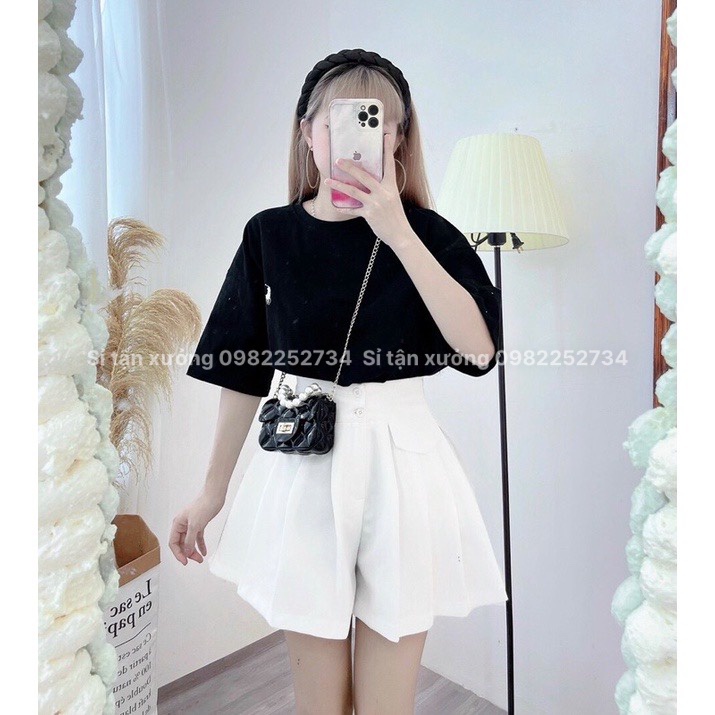 Quần short nữ 2 khuy túi nắp mẫu mới nhất, quần sooc xếp ly giả váy chất kaki lên dáng cực xinh 682