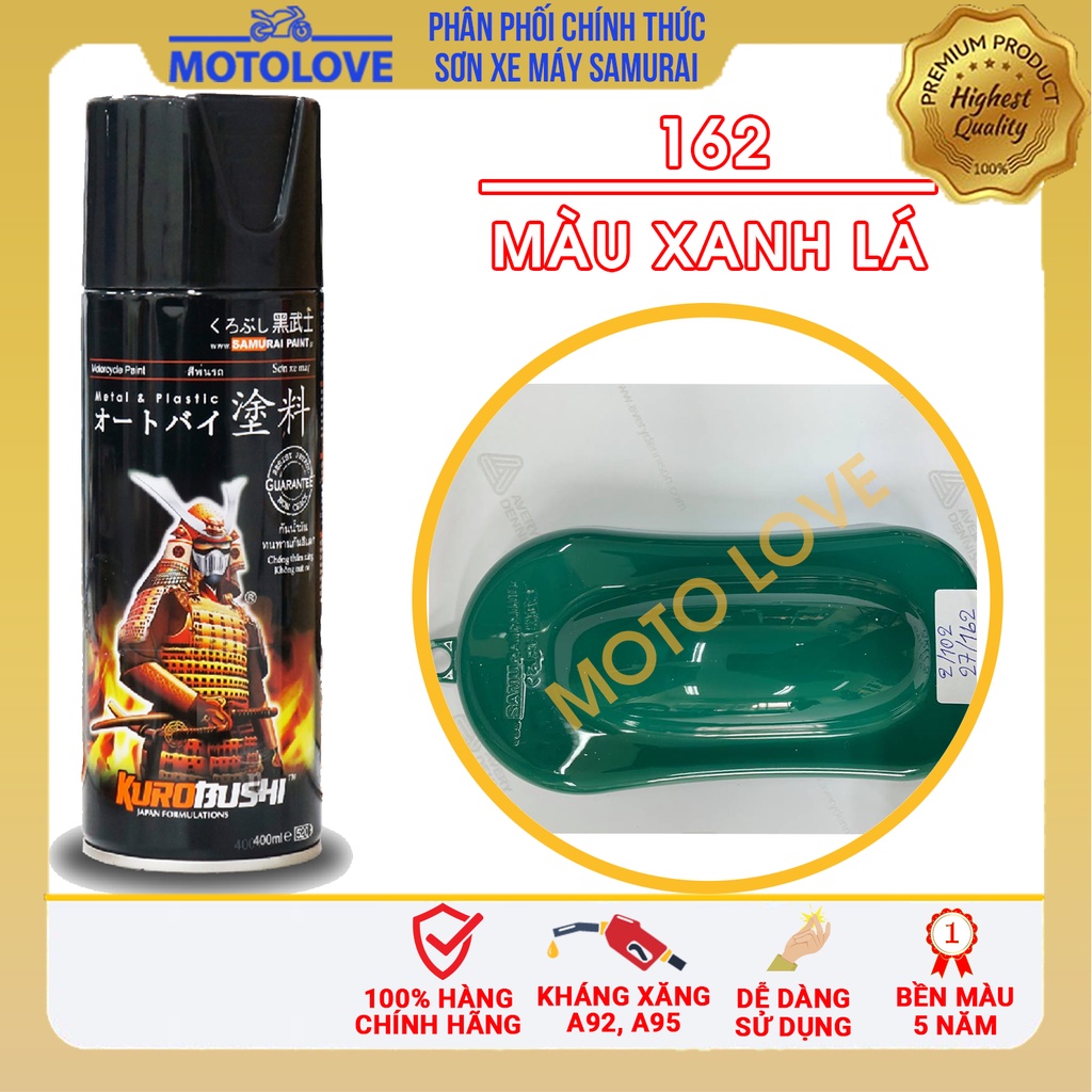 Sơn Samurai màu xanh lá 162 - chai sơn xịt chuyên dụng nhập khẩu từ Malaysia.