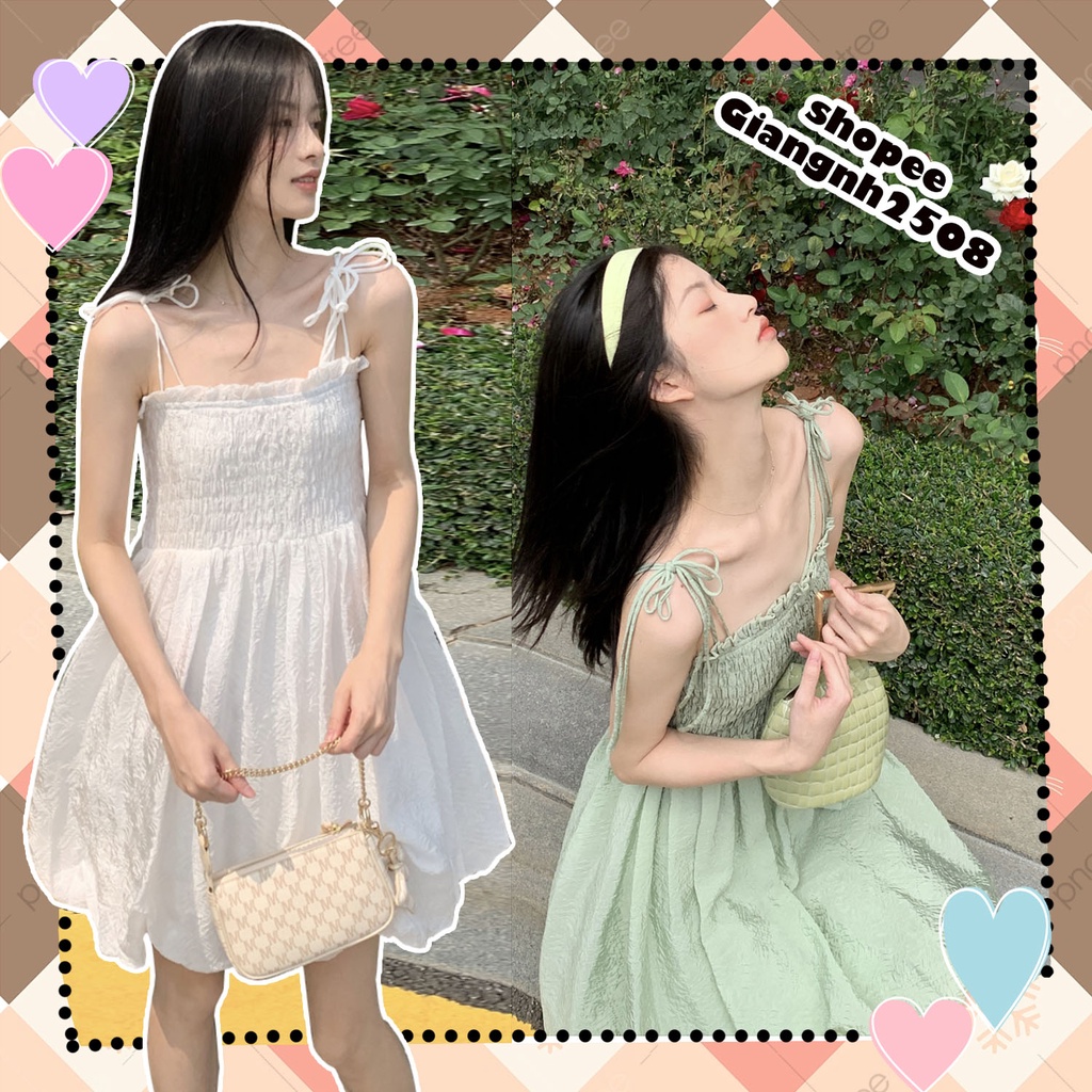 V001 Váy hai dây thắt nơ chun ngực viền bèo Ulzzang dáng xòe xinh xắn đầm voan mềm  Hàn Quốc cá tính phong cách