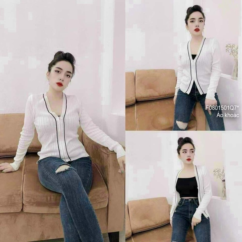 Áo khoát len trắng viền