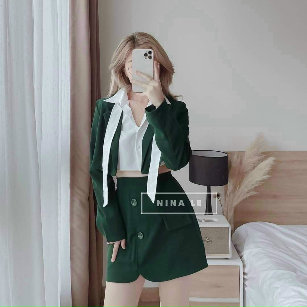 SÉT BỘ BA MÓN ÁO KHOÁC VEST SƠ MI KÈM NƠ VÀ CHÂN VÁY THIẾT KẾ SANG TRỌNG SIÊU XINH