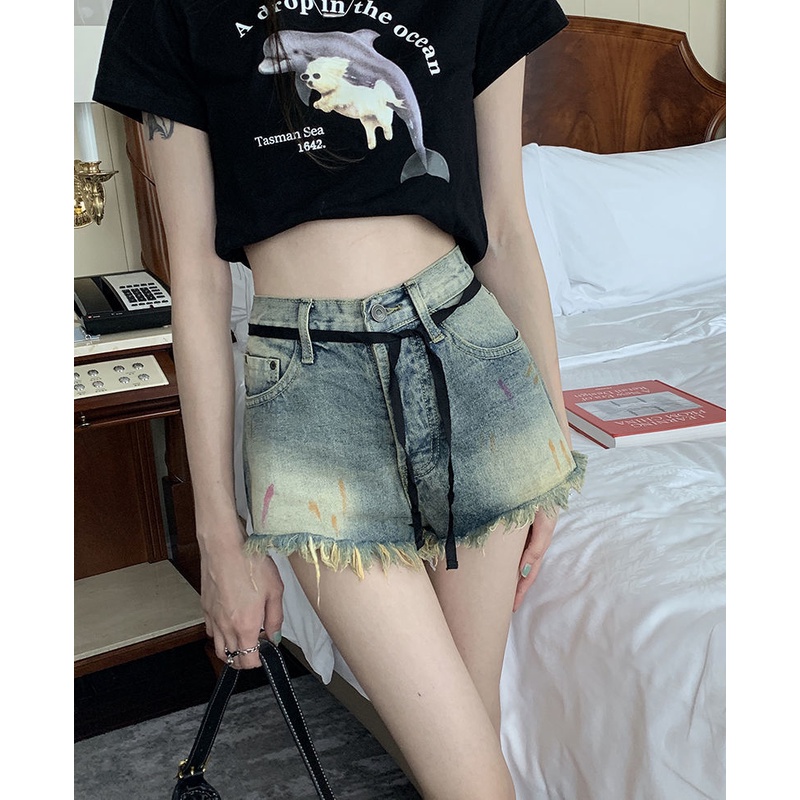 Quần Short Jeans Lưng Cao Ống Rộng Thời Trang Retro Cho Nữ