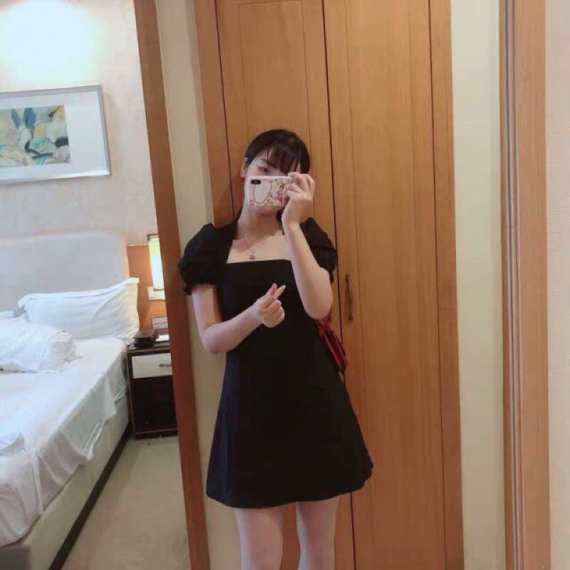 Váy Đen cổ vuông phom ngắnFreeshipChất đũi siu mát ạ -kèm ảnh thật video