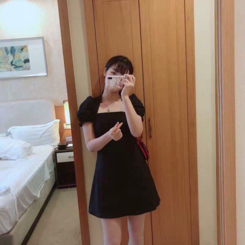 Váy Đen cổ vuông phom ngắn🎀Freeship🎀Chất đũi siu mát ạ -kèm ảnh thật video