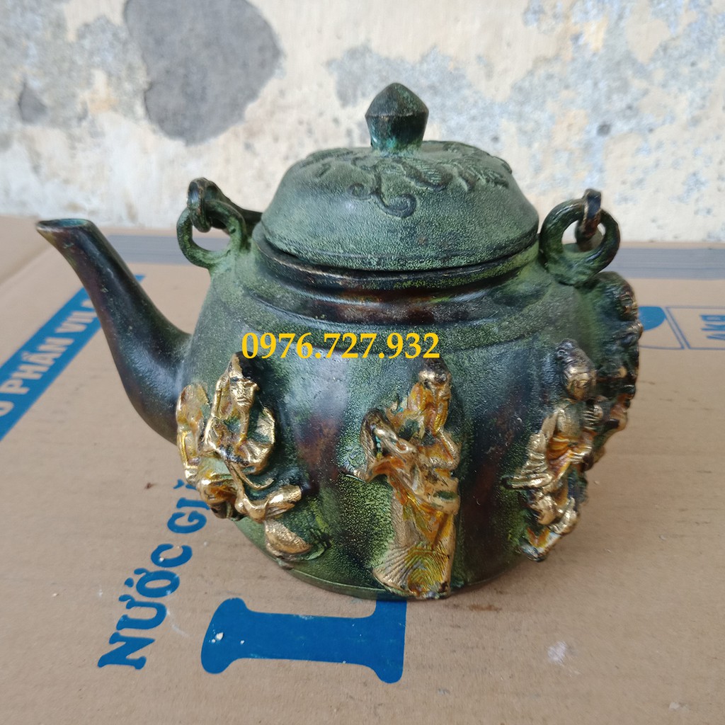 Ấm tích bát tiên bằng đồng màu xanh giả cổ đk 12cm, ấm đồng, ấm bát tiên bằng đồng