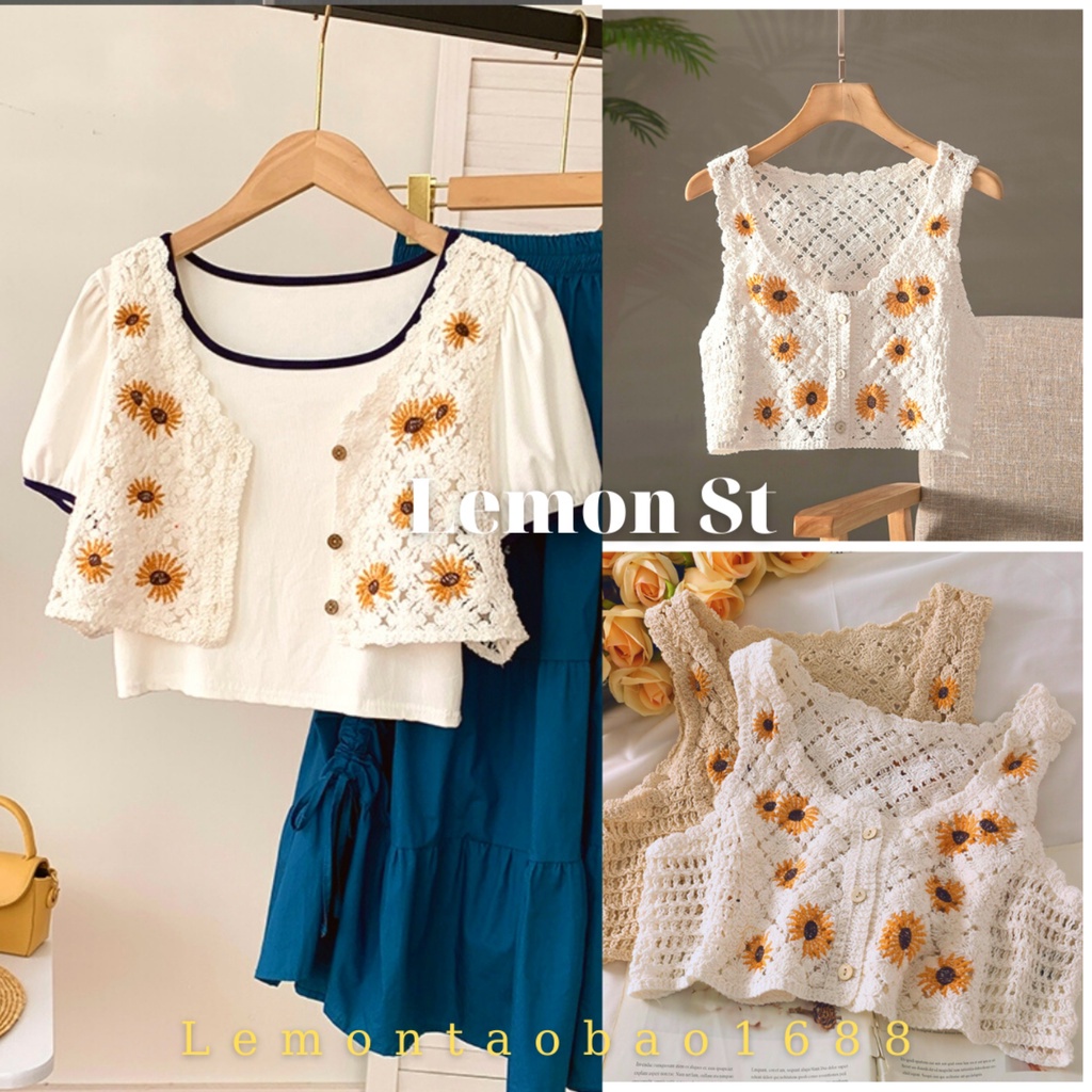 ❃△SẴN- Áo ba lỗ đi biển, gile khoác ngoài len móc thêu hoa