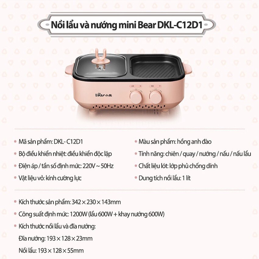 Bếp Lẩu Nướng Điện Đa Năng Mini 2 in 1 Bear [HÀNG CHÍNH HÃNG] - LB510211