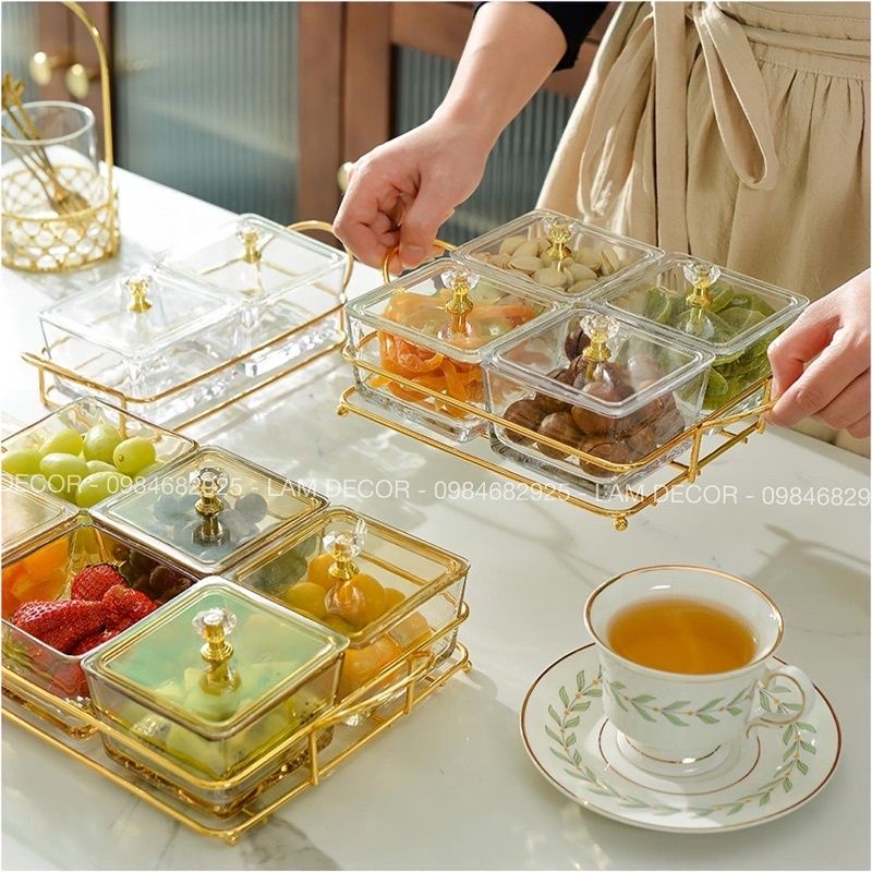 Khay mứt tết 6 ngăn thủy tinh  Cao Cấp  hộp đựng bánh kẹo hoa quả  sang trọng