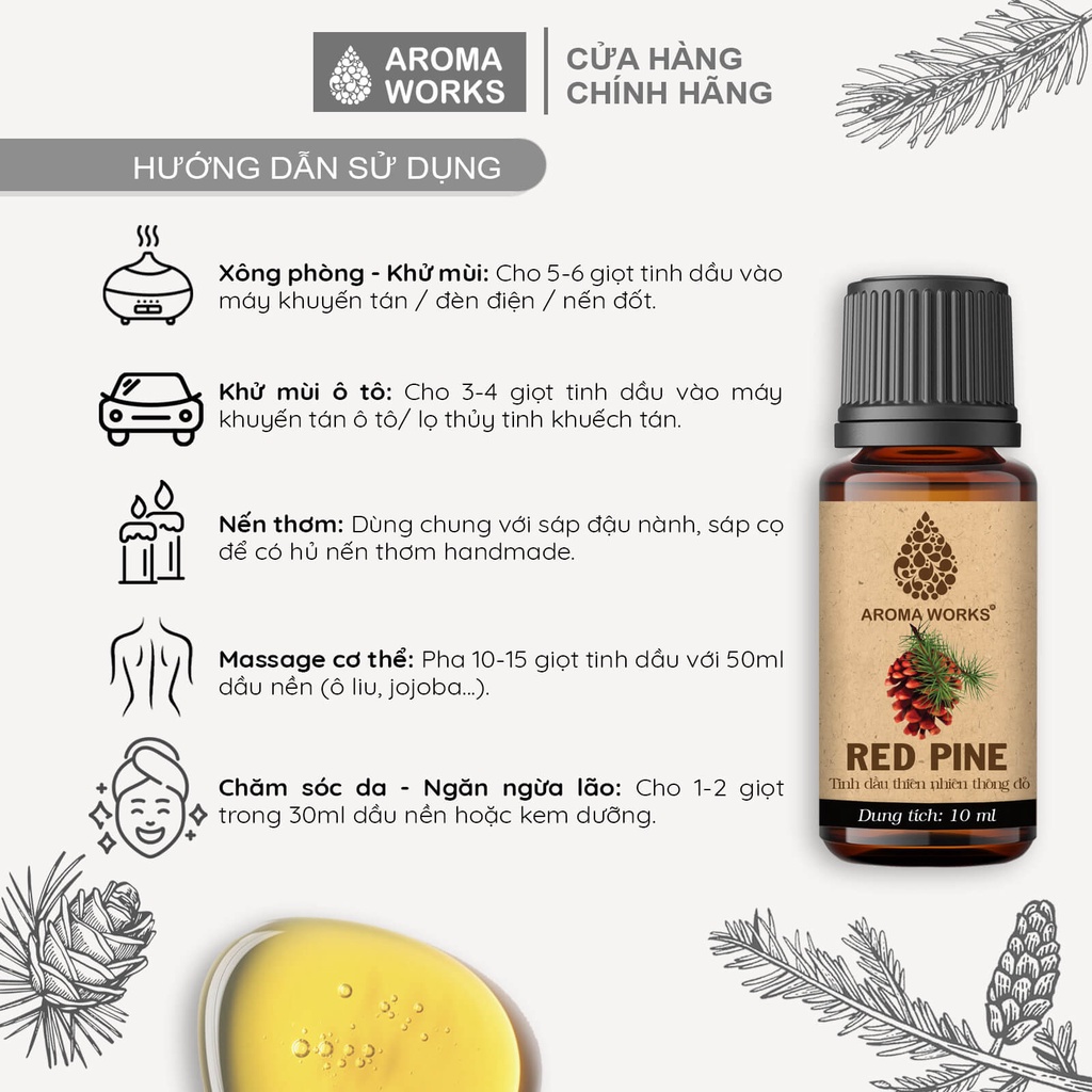 Tinh Dầu Thông Đỏ Thiên Nhiên Xông Phòng, Khử Mùi, Thanh Lọc Không Khí, Giảm Căng Thẳng Aroma Works Red Pine