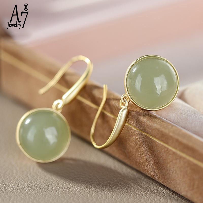 Bông Tai Mạ Bạc 925 Hình Tròn Đính Đá Ngọc Bích Màu Xám Thanh Lịch