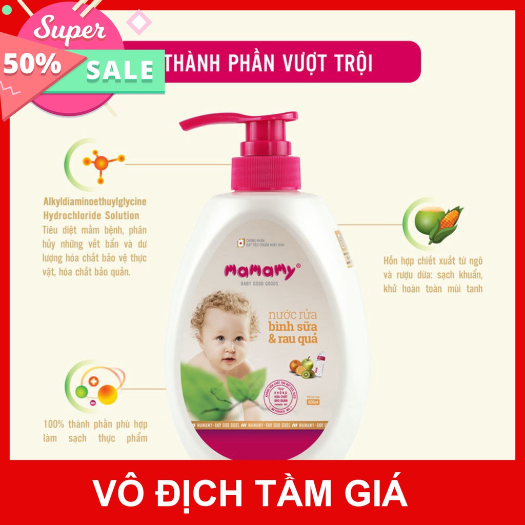 Combo 2 chai nước rửa bình sữa và rau quả an toàn cho bé Mamamy (600ml/ chai)