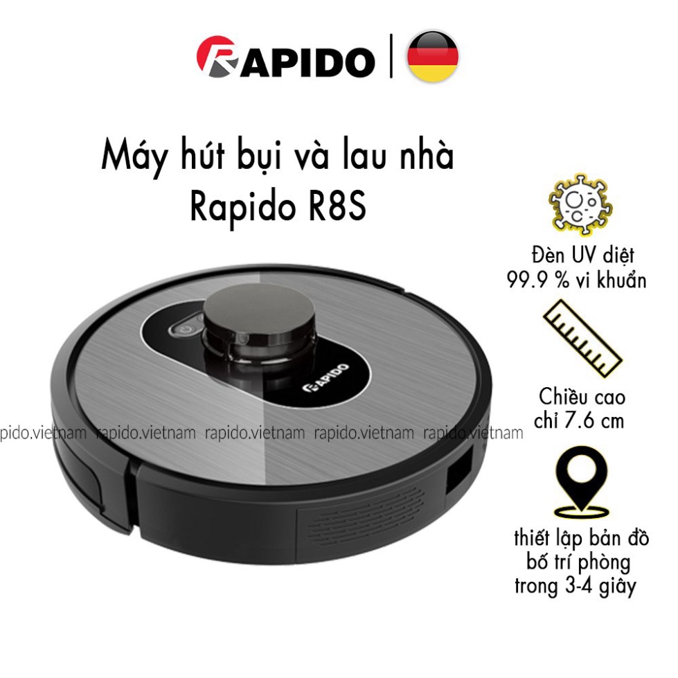 Robot Hút Bụi Lau Nhà Thông Minh Cảm Biến Độ Cao, Kết Nối Wifi Rapido R8S - TQ015 .