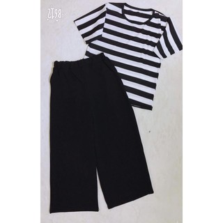 set áo kẻ quần ống rộng